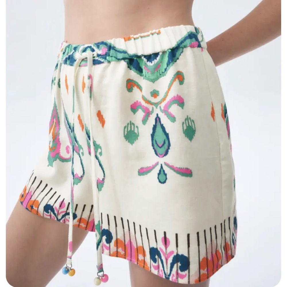 Zara Printed Linen Blend Shorts Beaded Ties Size Small